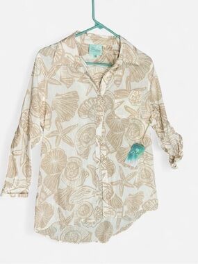 Beige and Cream Shell-Print Button-Down Shirt
